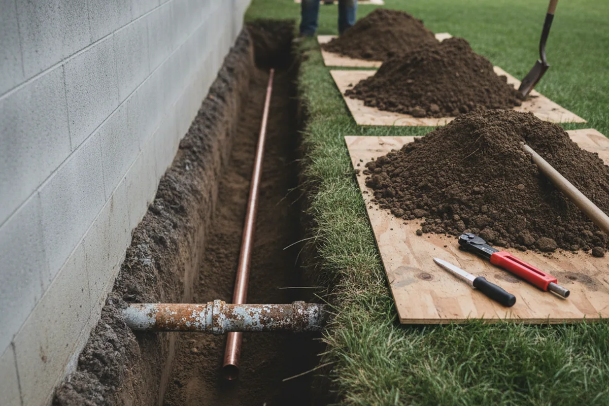 Excavated water line trench during Water Heater Repair in Stennis Space Center